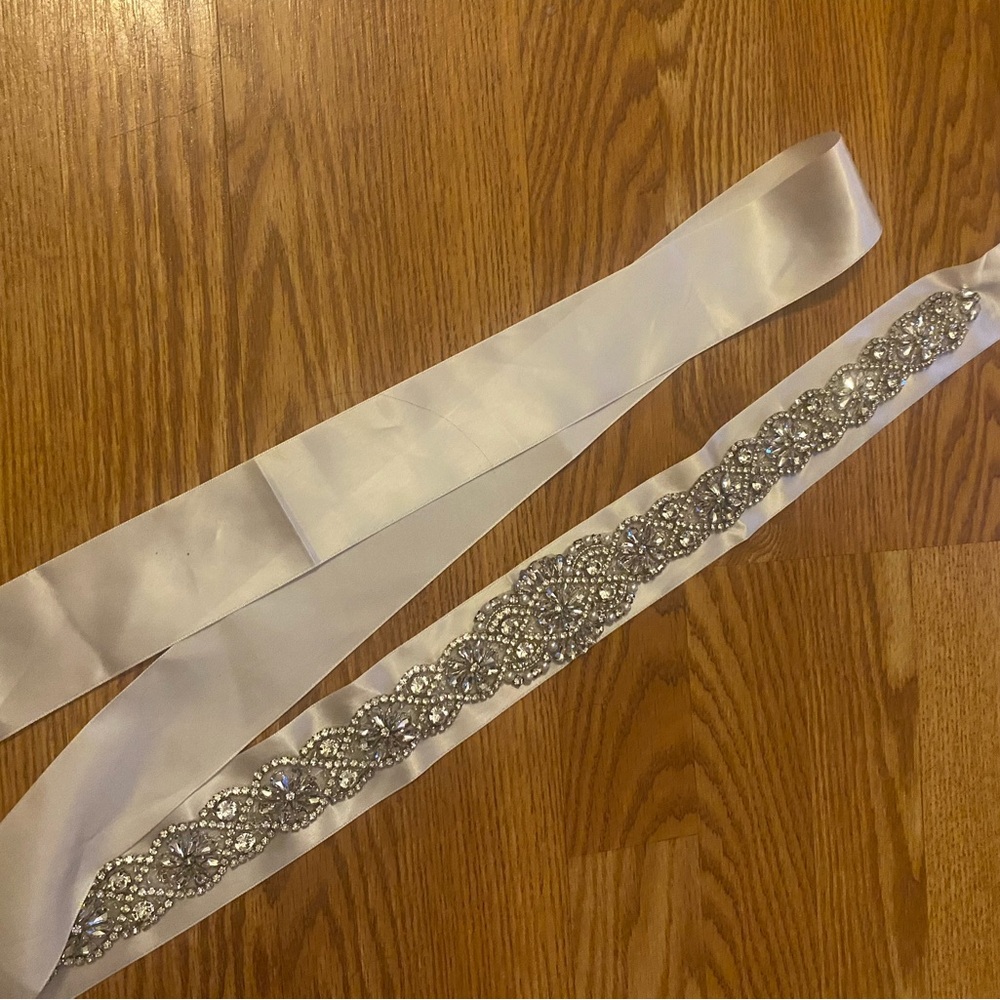Elegant White Satin Sash with Silver Embellishments